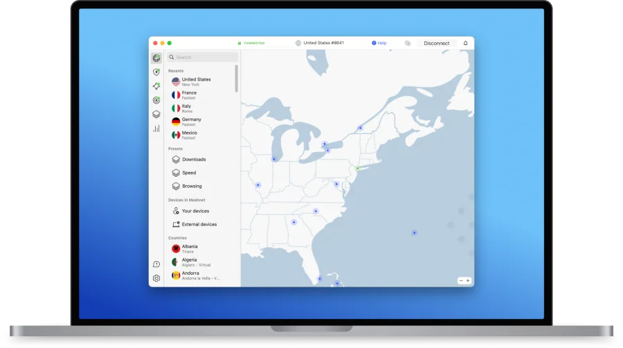 NordVPN macOS app in connected state showing green Connected status to United States server #8641 with Disconnect button