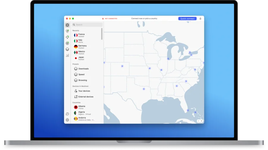 NordVPN macOS desktop app showing the server map interface with Quick Connect button, country list, connection presets, and Meshnet devices panel