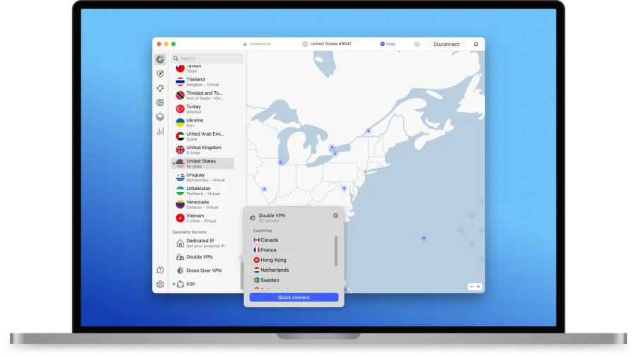 NordVPN macOS app showing specialty servers including Double VPN, Onion Over VPN, P2P, and Dedicated IP, with a list of Double VPN server countries